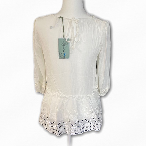 White Bohemian Eyelet Detail Peasant Peplum Blouse - Picture 2 of 8